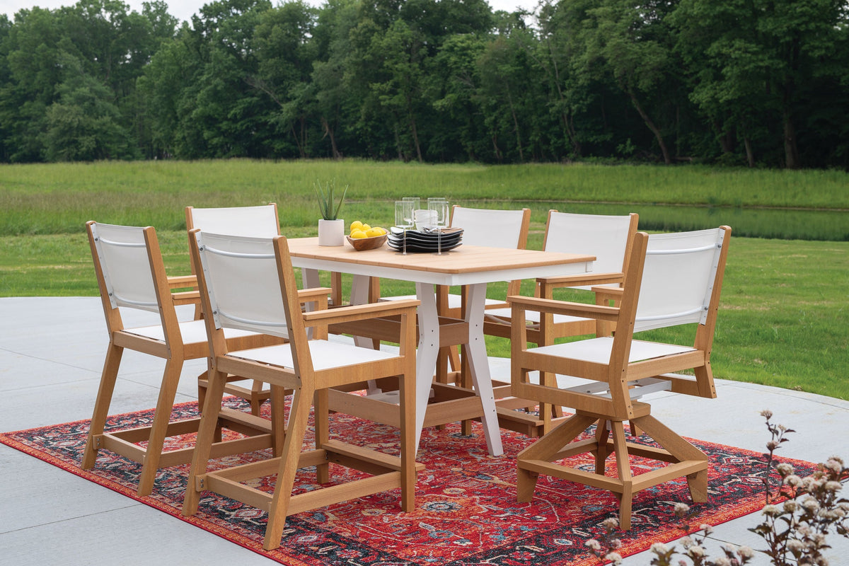 Outdoor counter-height dining table with sling chairs
