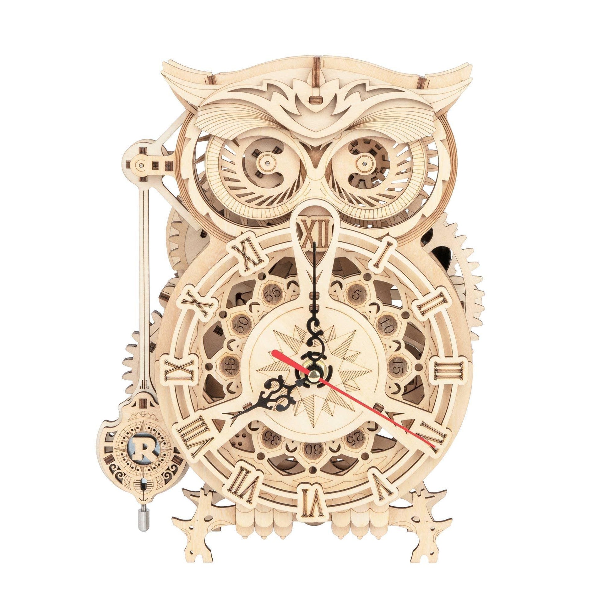 Reloj mecánico de búho, rompecabezas de madera en 3D