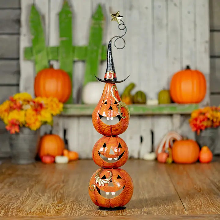 31" Tall Funny Metal Jack-O-Lantern Totem Tower