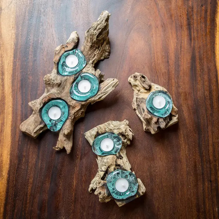 *COMING SOON* Recycled Melted Glass Candle Holders On Coffee Tree Roots