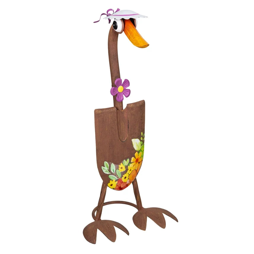 16"H Charming Shovel Goose Garden Statue with White Hat