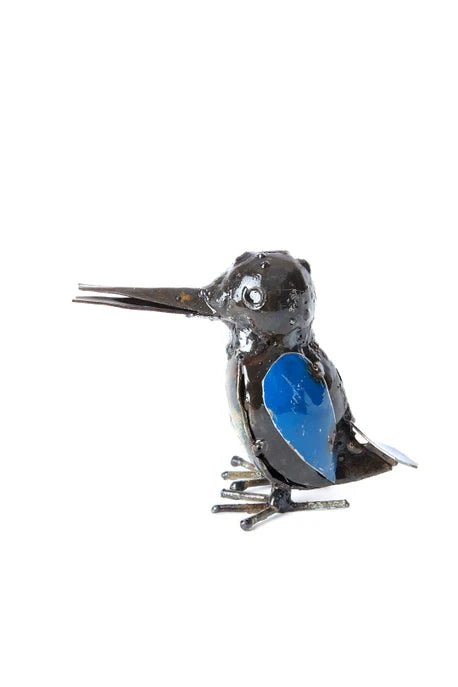 Pájaro martín pescador de metal reciclado azul