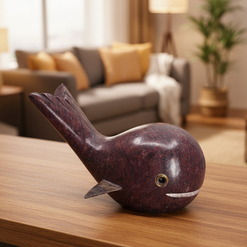Escultura de ballena de piedra y metal