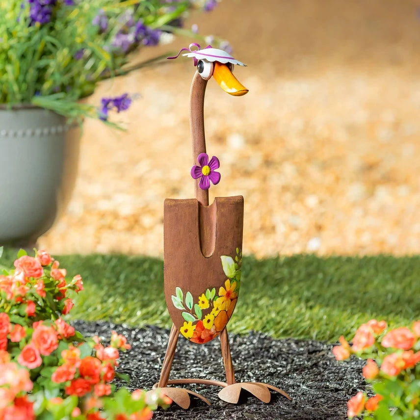 16"H Charming Shovel Goose Garden Statue with White Hat