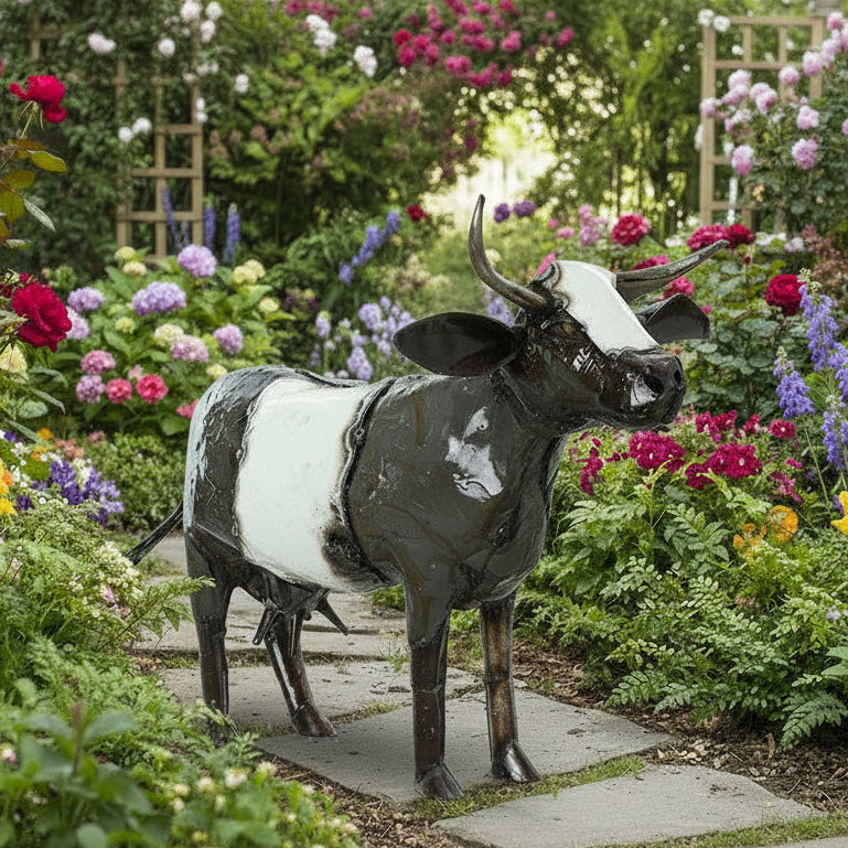 Escultura de vaca lechera hecha con un tambor de aceite reciclado