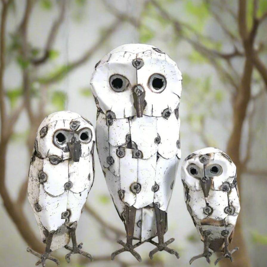 Snowy White Recycled Metal Owls