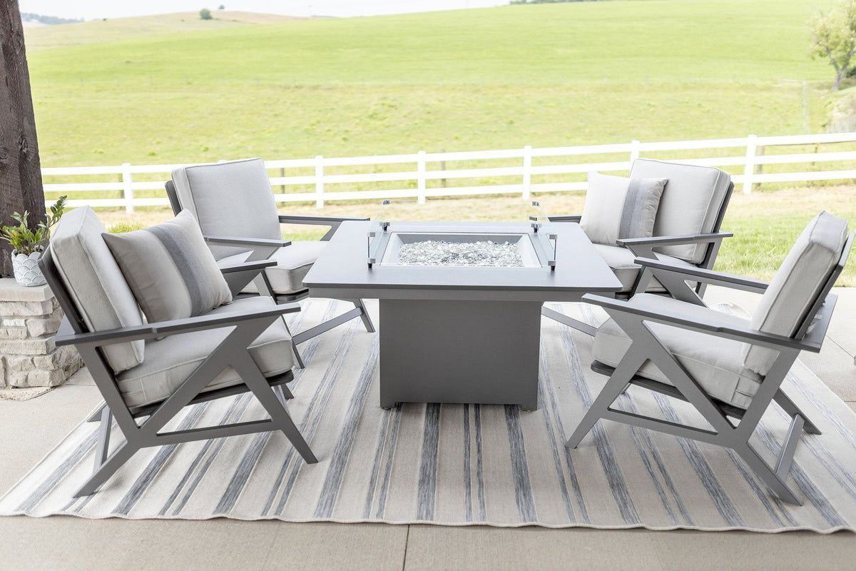 Square fire pit table with a hammered stainless top