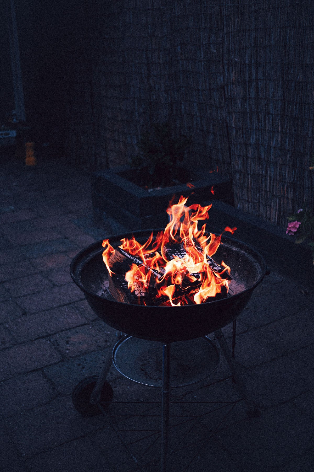 Fire pit burning on a patio
