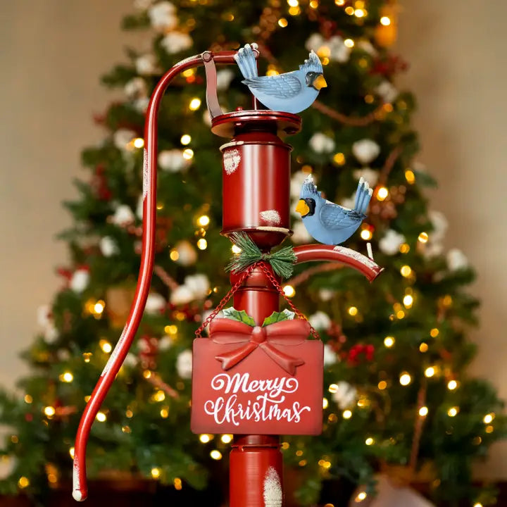 Old Style Red Iron Water Pump with "Merry Christmas" Sign