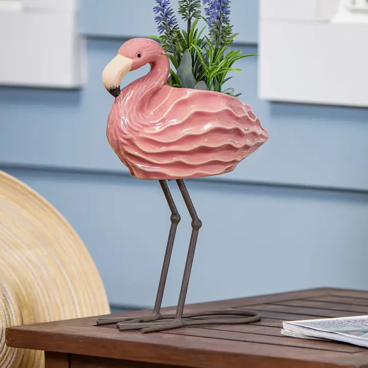 11" H Palm Beach Planter, Ceramic Flamingo