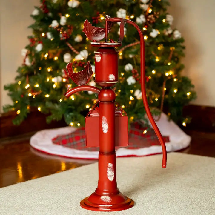 Old Style Red Iron Water Pump with "Merry Christmas" Sign