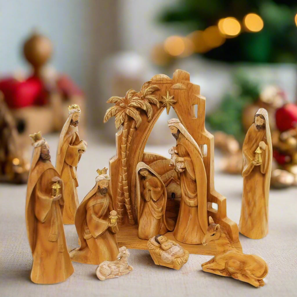 Carved Nativity with Back Drop | Faux Wood - 10 Pc Set