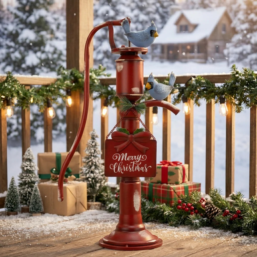 Old Style Red Iron Water Pump with "Merry Christmas" Sign