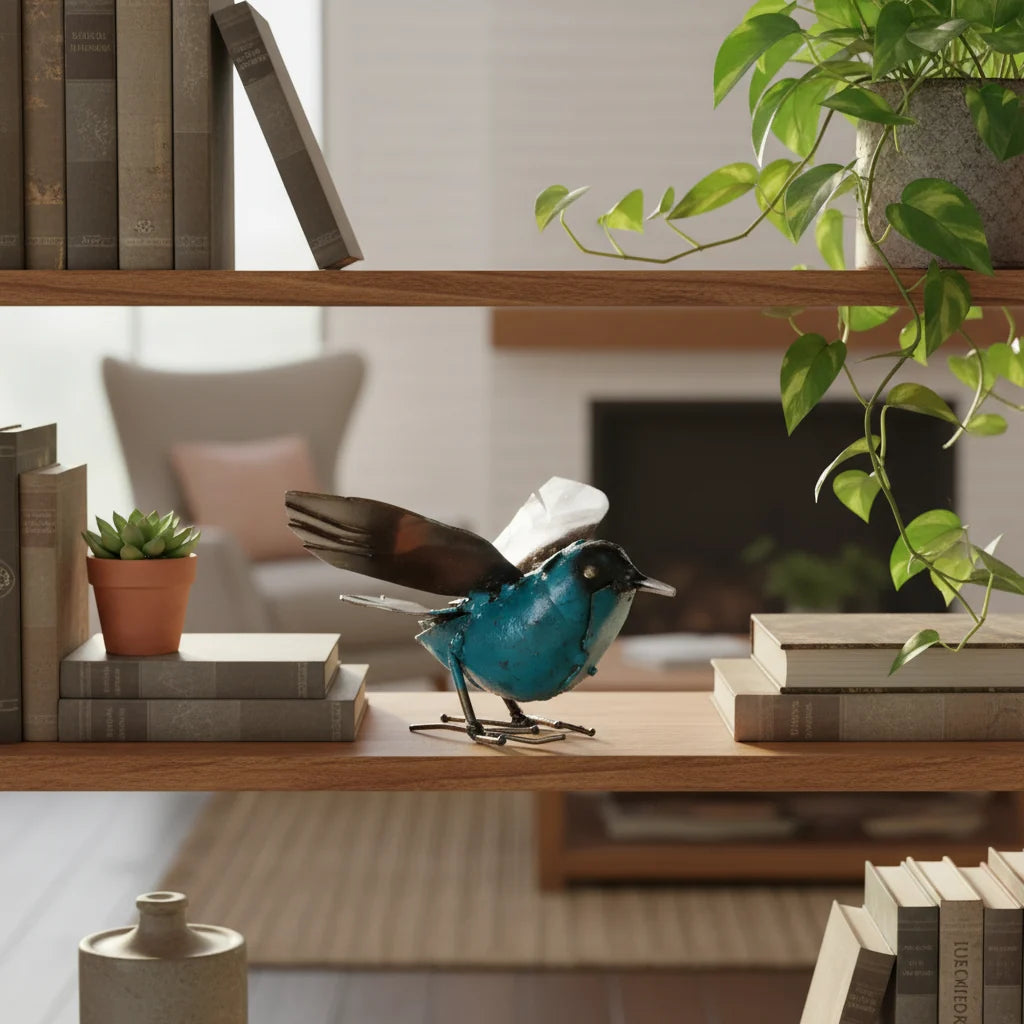 Blue Recycled Metal Fluttering Bird Sculpture
