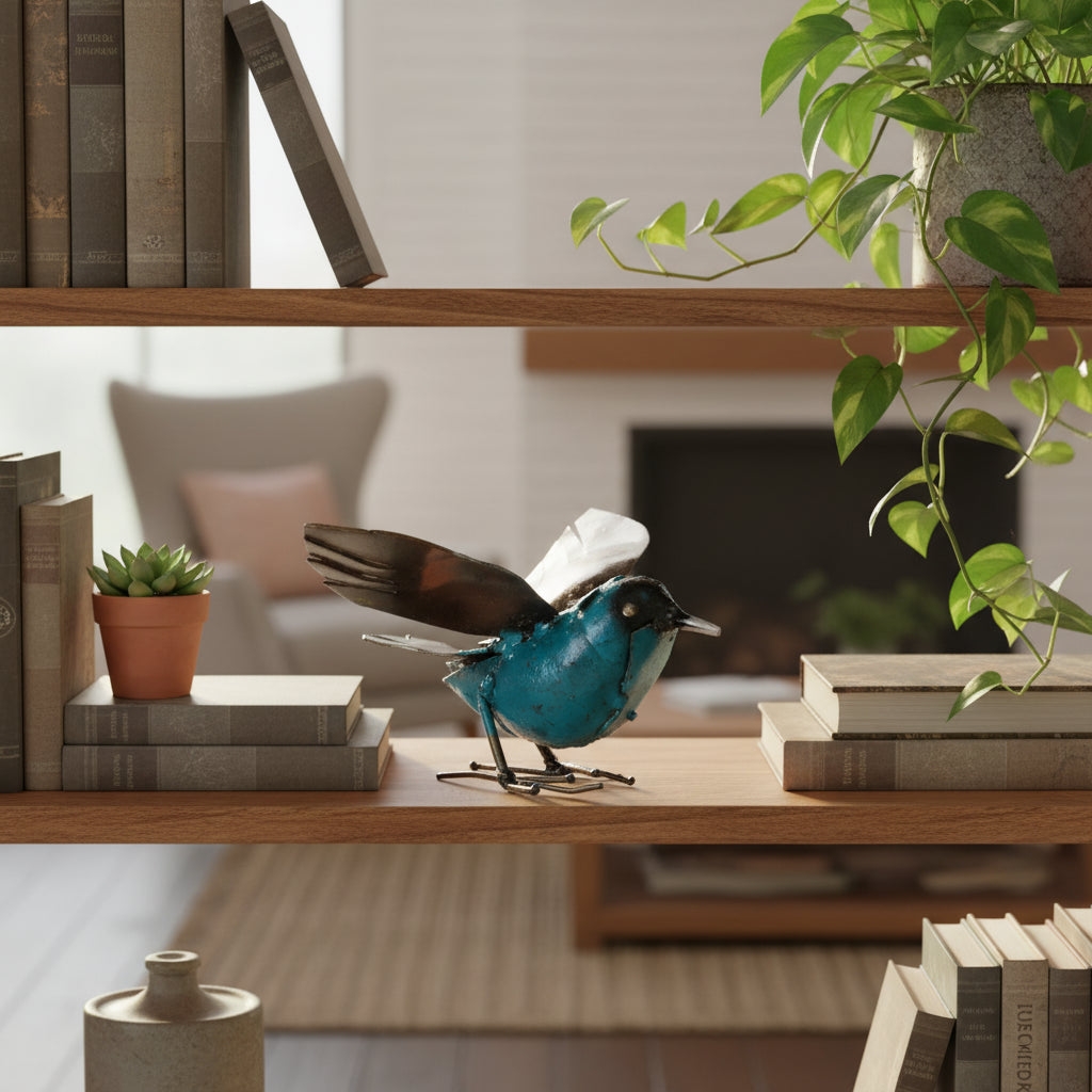 Escultura de pájaro revoloteando de metal reciclado azul