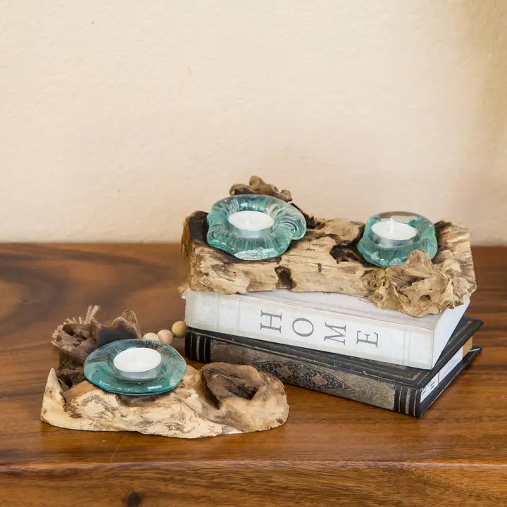 *COMING SOON* Recycled Melted Glass Candle Holders On Coffee Tree Roots