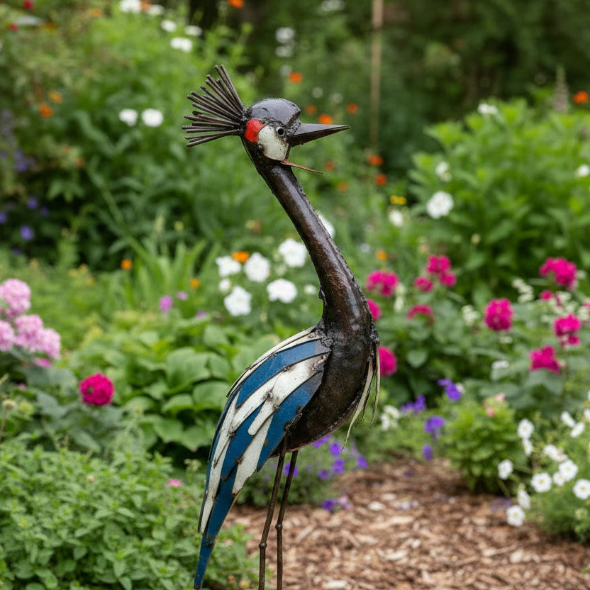 Recycled Metal Tall Crowned Crane