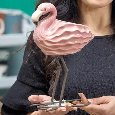 11" H Palm Beach Planter, Ceramic Flamingo