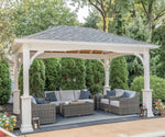 Outdoor gazebo with patio furniture and lighting fixtures in a garden setting